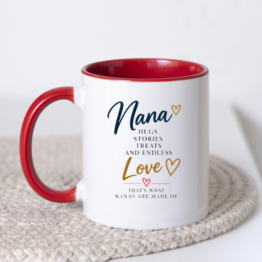 Family Mug "Nana HUGS STORIES TREATS AND ENDLESS Love THAT'S WHAT NANAS ARE MADE OF" Sweet Grandma 325ml Ceramic Coffee Mug Heartwarming Nana Tea Cup with Gold Hearts Graphic Gift | Available in Multicolours | Fast Dispatch by UK Seller (M3020)