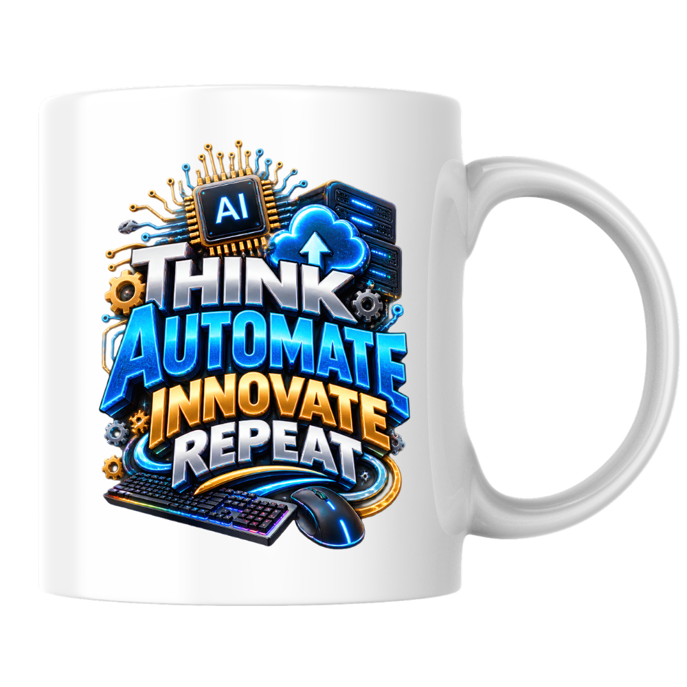 Tech Mug "Think Automate Innovate Repeat" Think Automate Innovate Repeat 325ml Ceramic Coffee Mug – Tech Developer Mug with AI Processor, Cloud, Keyboard & Mouse | IT Programmer Gift | Fast Dispatch by UK Seller (M3326)