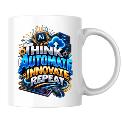 Tech Mug "Think Automate Innovate Repeat" Think Automate Innovate Repeat 325ml Ceramic Coffee Mug – Tech Developer Mug with AI Processor, Cloud, Keyboard & Mouse | IT Programmer Gift | Fast Dispatch by UK Seller (M3326)