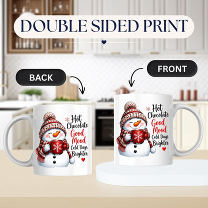 Cozy Mug "Hot Chocolate Good Mood Cold Days Brighter" Snowman 325ml Ceramic Coffee Mug – Cute Winter Holiday Tea Cup with Beanie & Hot Cocoa Gift | Available in Multicolours | Fast Dispatch by UK Seller (M1247)