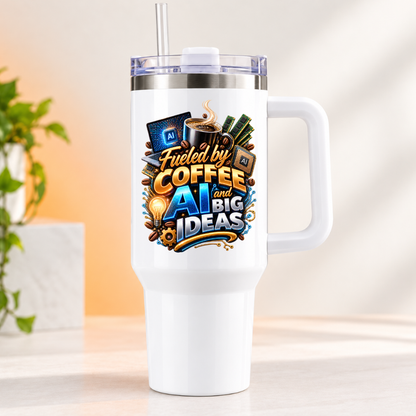 Funny Tech Travel Tumbler "Fueled by COFFEE AI and BIG IDEAS" Graphic 40oz Stainless Steel Travel Mug with Handle & Straw – Tech Laptop, Steaming Coffee Cup, RAM & Processor Chip Novelty Gift for Coders & Office | Fast Dispatch by UK Seller (T3049)