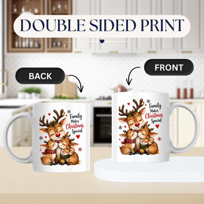 Heartwarming Mug "Family Makes Christmas Special" Reindeer Family 325ml Ceramic Coffee Mug Cute Winter Holiday Tea Cup with Snuggling Little Reindeer & Hearts Gift | Available in Multicolours | Fast Dispatch by UK Seller (M1261)