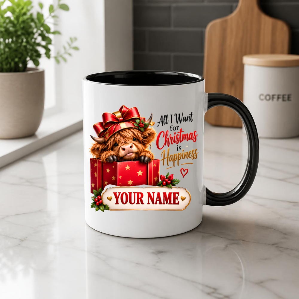 Personalised Christmas Mug "All I Want For Christmas Is Happiness" 325ml Ceramic Coffee Tea Cup – Gift Box Highland Cow, Red Bow, Custom Name & Festive Slogan Novelty Gift for Bestie, Women, Holiday – Fast Dispatch by UK Seller (M3518)