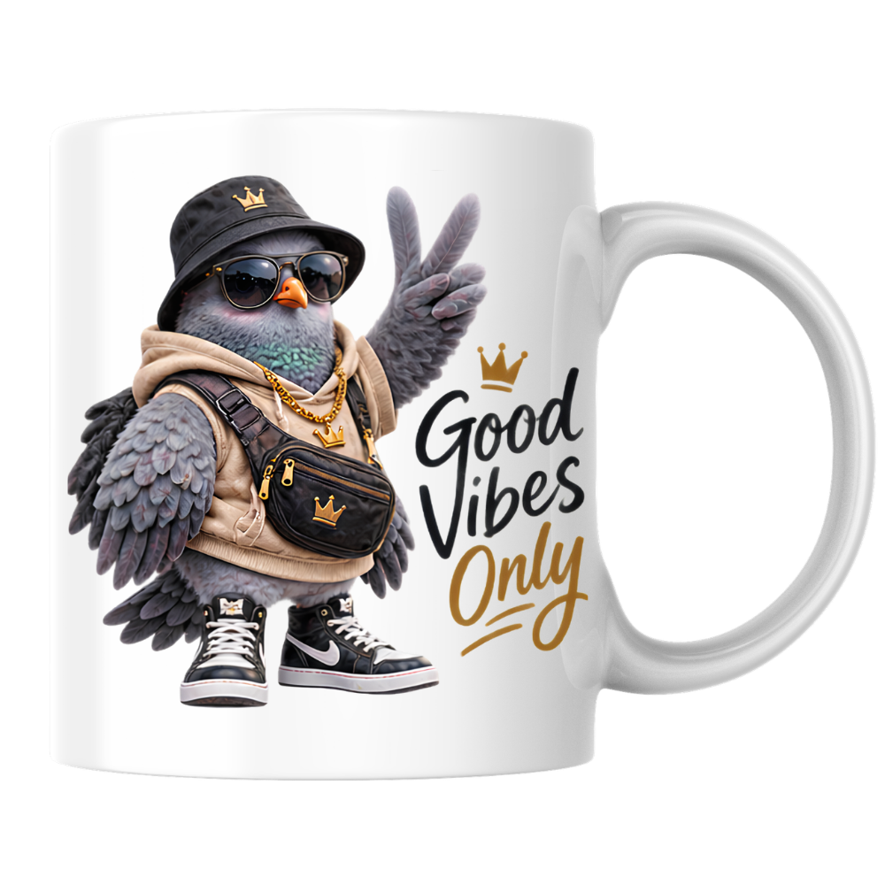 Good Vibes Mug "Good Vibes Only Cool Pigeon" 325ml Ceramic Mug – Cool Pigeon in Bucket Hat, Gold Chain, Crossbody Bag High Top Sneakers Funny Streetwear Bird Mug Gift For Friends Coworkers | Available in Multicolours | Fast Dispatch by UK Seller (M3237)