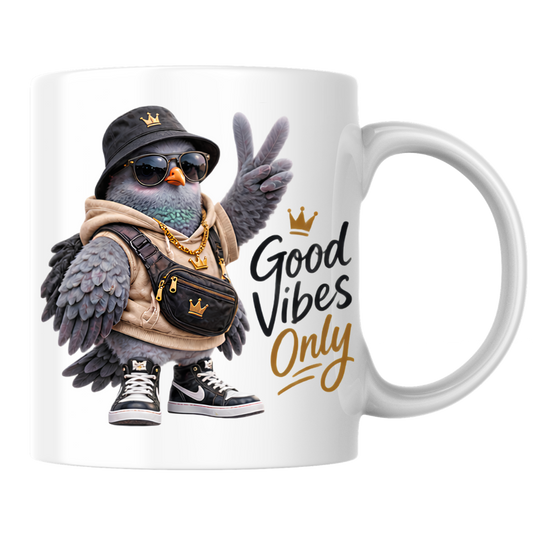 Good Vibes Mug "Good Vibes Only Cool Pigeon" 325ml Ceramic Mug – Cool Pigeon in Bucket Hat, Gold Chain, Crossbody Bag High Top Sneakers Funny Streetwear Bird Mug Gift For Friends Coworkers | Available in Multicolours | Fast Dispatch by UK Seller (M3237)