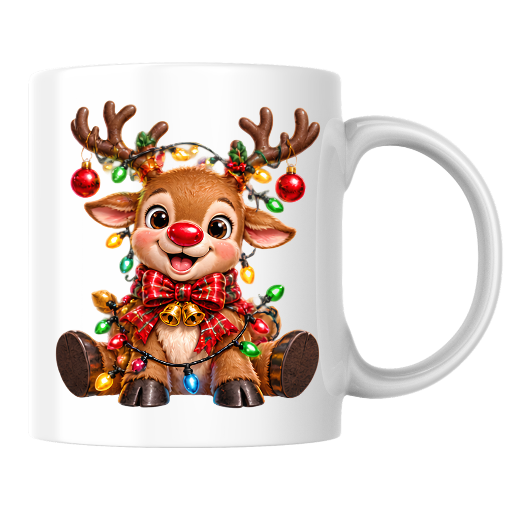 Christmas Mug "Baby Reindeer Christmas Lights Bow" Baby Reindeer 325ml Ceramic Coffee Mug – Festive Christmas Tea Cup with Red Nose, Fairy Lights Plaid Bow Baubles Graphic Gift | Available in Multicolours | Fast Dispatch by UK Seller (M3185)