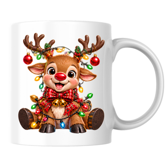 Christmas Mug "Baby Reindeer Christmas Lights Bow" Baby Reindeer 325ml Ceramic Coffee Mug – Festive Christmas Tea Cup with Red Nose, Fairy Lights Plaid Bow Baubles Graphic Gift | Available in Multicolours | Fast Dispatch by UK Seller (M3185)