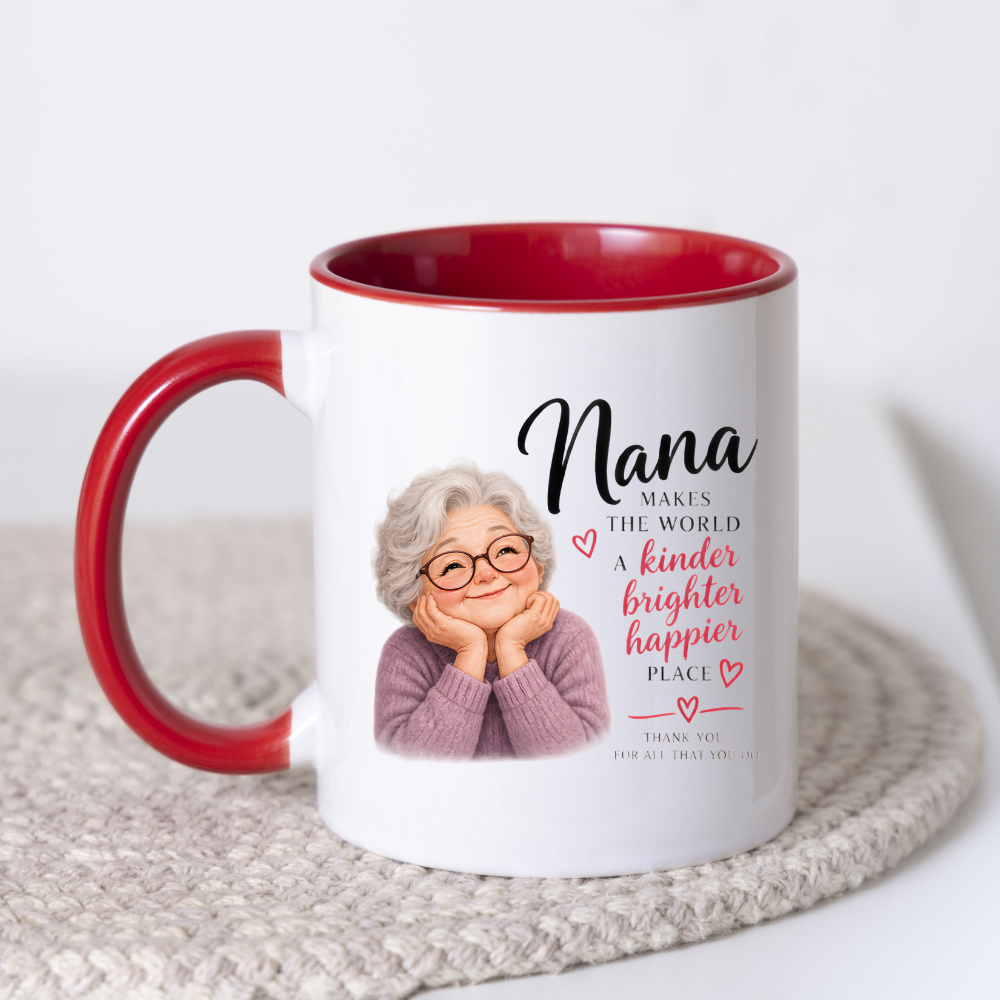 Family Mug "Nana MAKES THE WORLD A kinder brighter happier PLACE" Sweet Grandma 325ml Ceramic Coffee Mug Heartwarming Nana Tea Cup with Resting Head Grandma Graphic Gift | Available in Multicolours | Fast Dispatch by UK Seller (M3014)