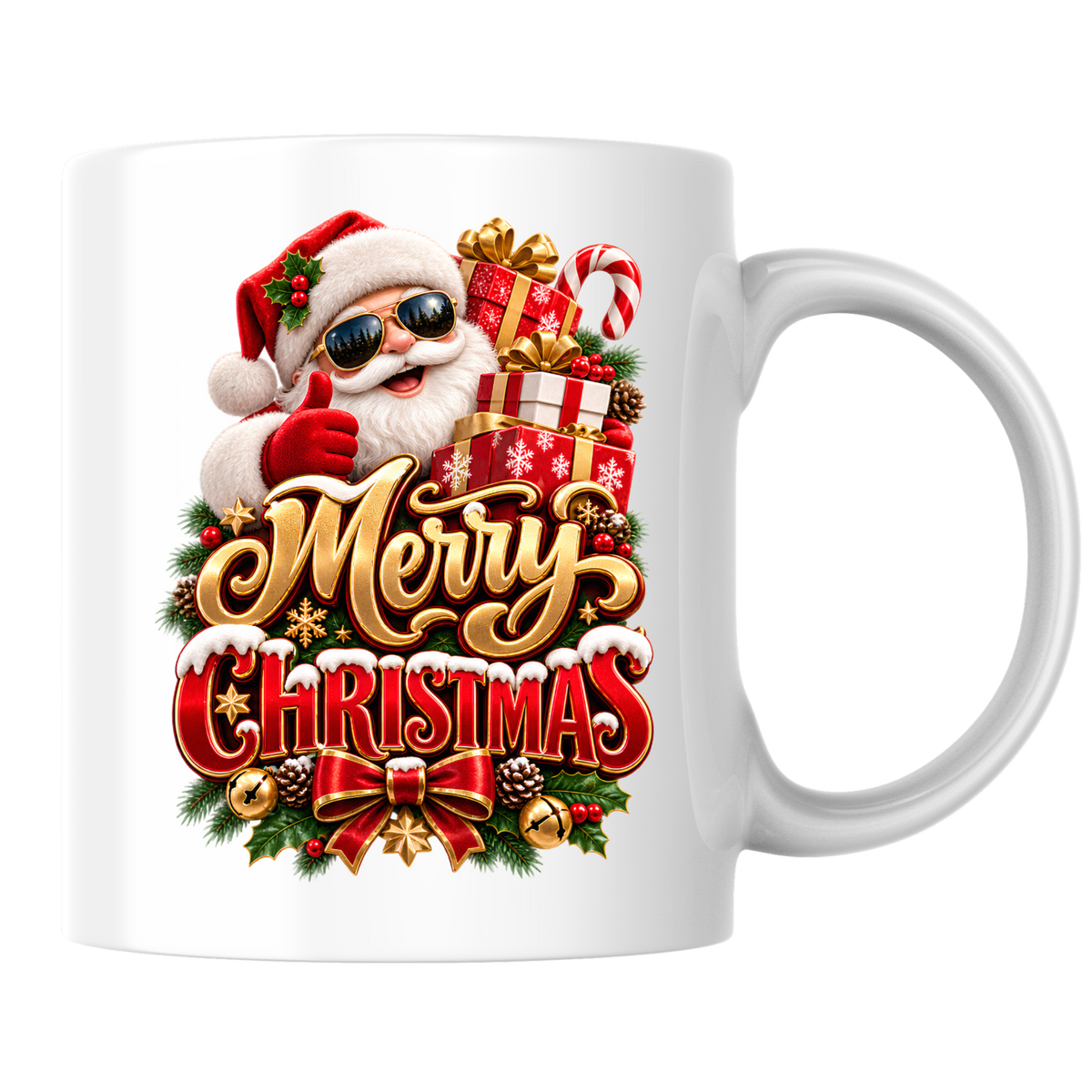 Christmas Mug "Merry Christmas" Cool Santa with Sunglasses & Gifts Merry Christmas 325ml Ceramic Coffee Mug – Cool Santa in Sunglasses Giving Thumbs Up with Gift Boxes & Candy Cane | Festive Holiday Gift | Fast Dispatch by UK Seller (M3362)