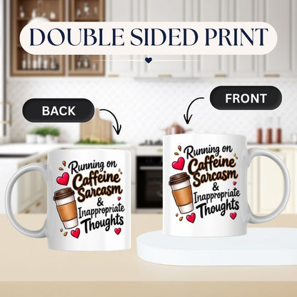 Sarcastic Mug "Running on Caffeine Sarcasm & Inappropriate Thoughts" 325ml Ceramic Coffee Mug Funny Coffee Lover Tea Cup with Takeaway Cup & Hearts Graphic Gift | Available in Multicolours | Fast Dispatch by UK Seller (M1305)
