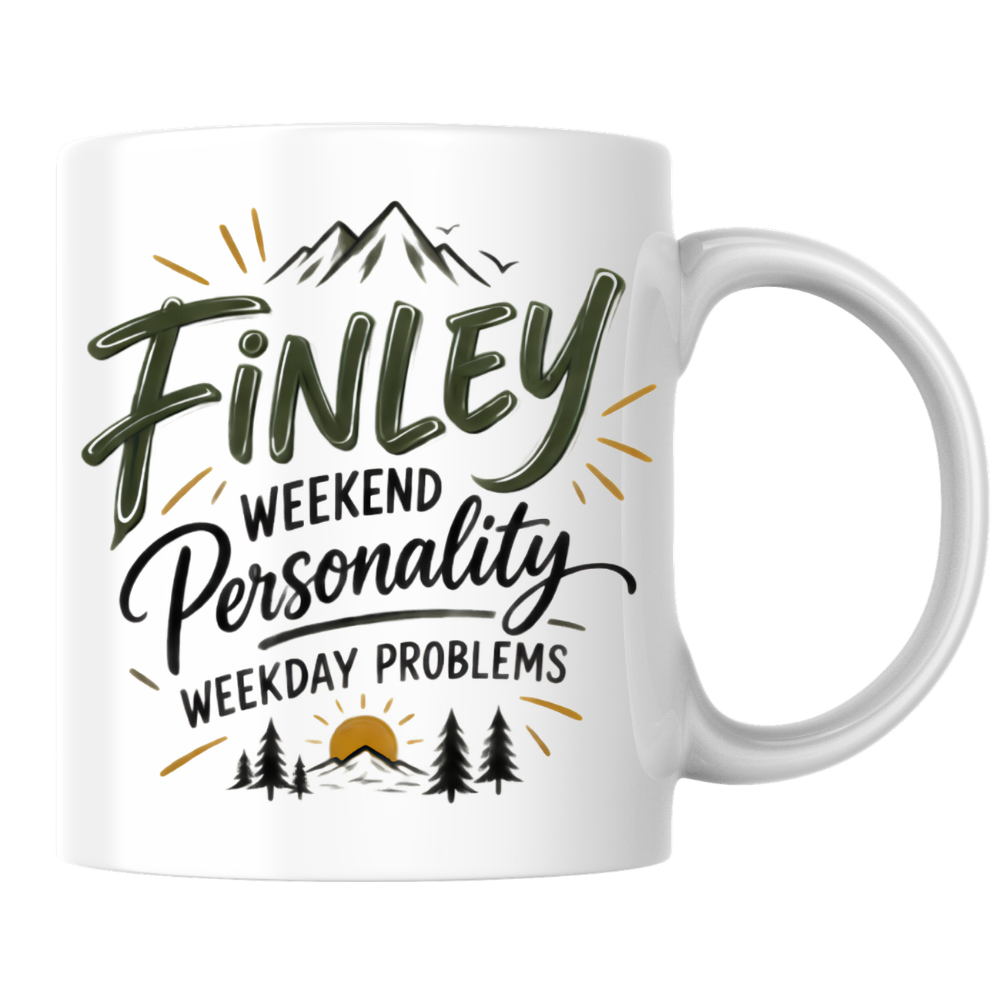 Personalized Name Mug "Finley Weekend Personality Weekday Problems" Finley Weekend Personality Weekday Problems 325ml Ceramic Coffee Mug – Custom Name Typography Slogan with Mountain & Pine Trees Graphic | Outdoor Gift | Fast Dispatch by UK Seller (M3427)
