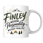 Personalized Name Mug "Finley Weekend Personality Weekday Problems" Finley Weekend Personality Weekday Problems 325ml Ceramic Coffee Mug – Custom Name Typography Slogan with Mountain & Pine Trees Graphic | Outdoor Gift | Fast Dispatch by UK Seller (M3427)