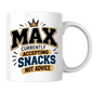 Personalized Name Mug "Max Currently Accepting Snacks Not Advice" Max Currently Accepting Snacks 325ml Ceramic Coffee Mug – Custom Name Varsity Typography Slogan with Golden Crown & Brushstroke Highlights | Funny Gift | Fast Dispatch by UK Seller (M3444)