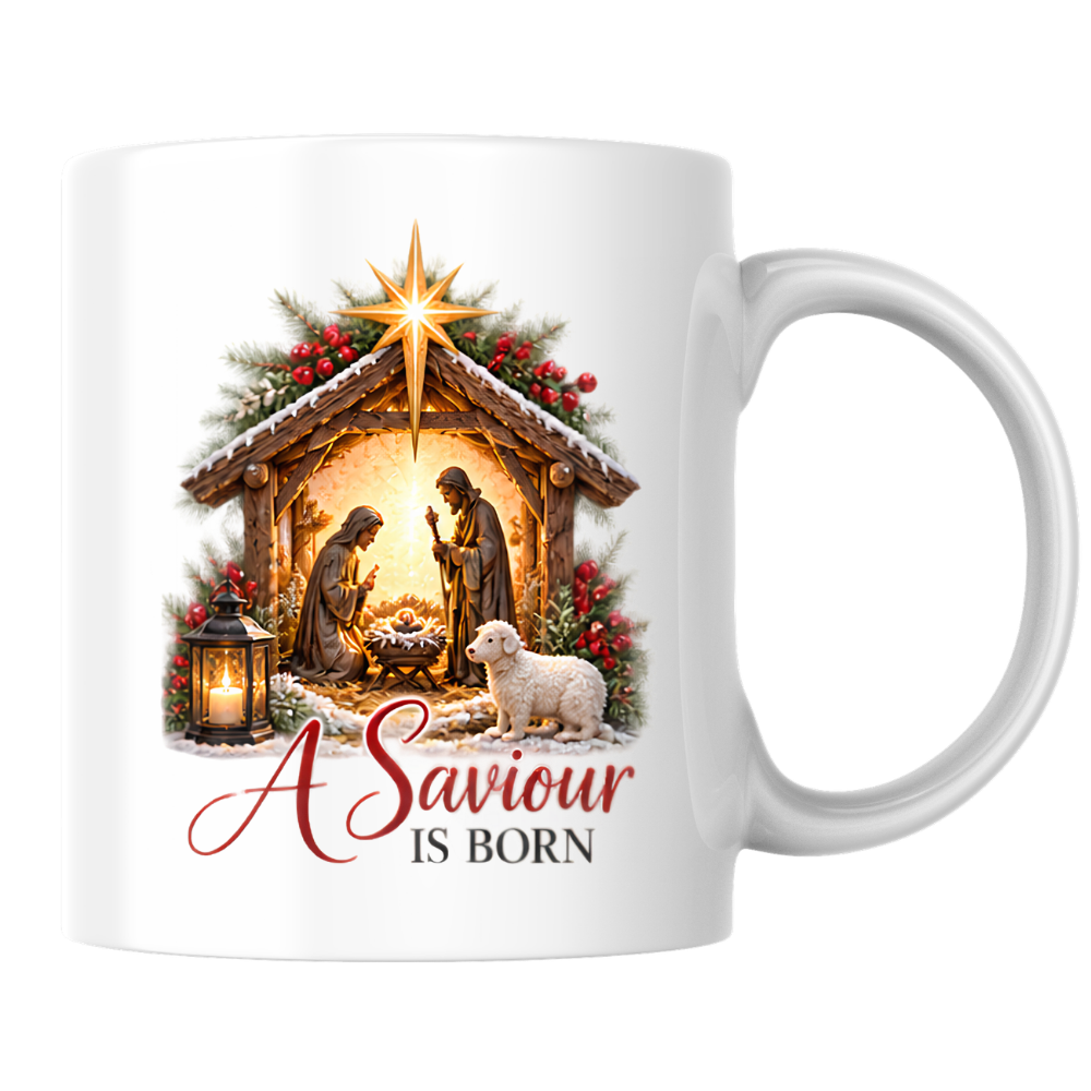 Christmas Mug "A Saviour Is Born Nativity Scene" 325ml Ceramic Coffee Mug – Christian Christmas Nativity Scene Mug with Bethlehem Star Baby Jesus Lamb Religious Holiday Gift | Available in Multicolours | Fast Dispatch by UK Seller (M3300)