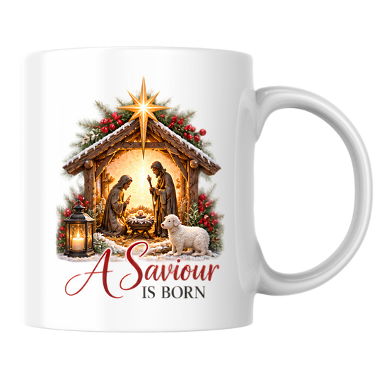 Christmas Mug "A Saviour Is Born Nativity Scene" 325ml Ceramic Coffee Mug – Christian Christmas Nativity Scene Mug with Bethlehem Star Baby Jesus Lamb Religious Holiday Gift | Available in Multicolours | Fast Dispatch by UK Seller (M3300)