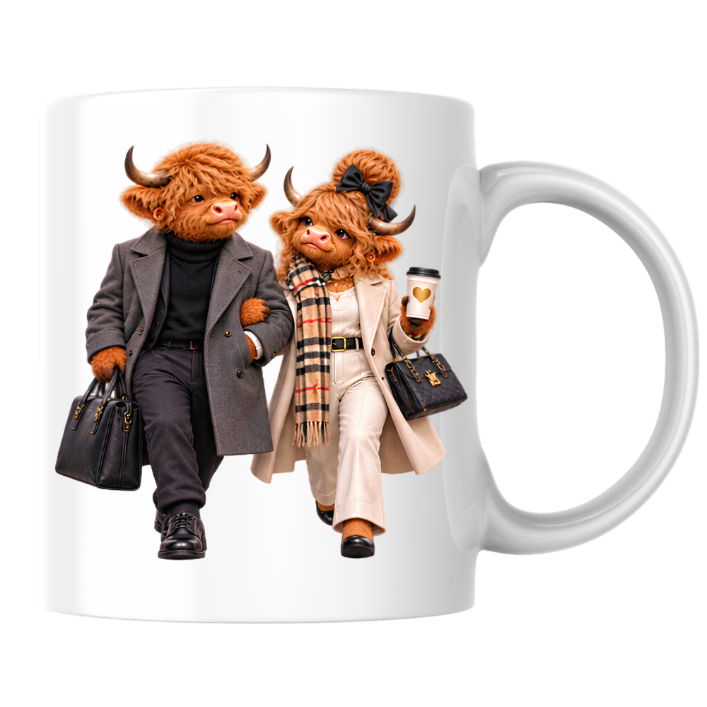 Fashion Mug "Elegance Highland Cow Couple Walking" Elegance Highland Cow Couple 325ml Ceramic Coffee Mug– Chic Winter Walking Tea Cup with Charcoal Overcoat Beige Trench Scarf Graphic Gift | Available in Multicolours | Fast Dispatch by UK Seller (M3191)