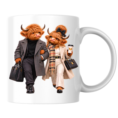 Fashion Mug "Elegance Highland Cow Couple Walking" Elegance Highland Cow Couple 325ml Ceramic Coffee Mug– Chic Winter Walking Tea Cup with Charcoal Overcoat Beige Trench Scarf Graphic Gift | Available in Multicolours | Fast Dispatch by UK Seller (M3191)