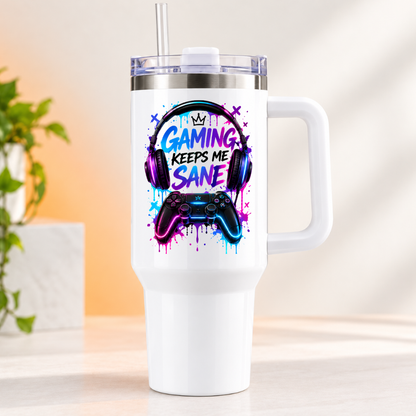 Neon Gaming Travel Tumbler "Gaming Keeps Me Sane" Graphic 40oz Stainless Steel Insulated Travel Mug with Handle & Straw – Headphones, Controller & Paint Splatter Novelty Gift for Gamers | Fast Dispatch by UK Seller (T3065)