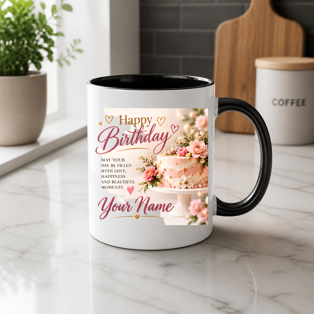 Personalised Birthday Mug "Happy Birthday" 325ml Ceramic Coffee Tea Cup – Pink Frosted Cake, Floral Decor, Custom Name & Love Wish Slogan Novelty Gift for Women, Bestie, Birthday – Fast Dispatch by UK Seller (M3512)