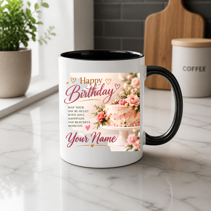 Personalised Birthday Mug "Happy Birthday" 325ml Ceramic Coffee Tea Cup – Pink Frosted Cake, Floral Decor, Custom Name & Love Wish Slogan Novelty Gift for Women, Bestie, Birthday – Fast Dispatch by UK Seller (M3512)