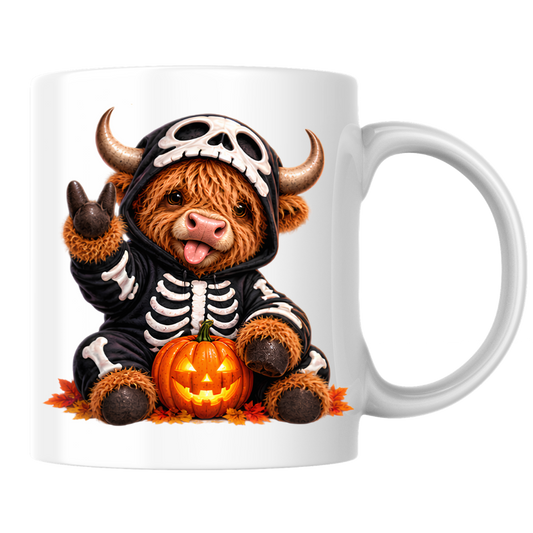 Spooky Mug "Skeleton Costume Highland Cow" Skeleton Highland Cow 325ml Ceramic Coffee Mug Cute Halloween Onesie Tea Cup with Pumpkin Graphic Gift | Available in Multicolours | Fast Dispatch by UK Seller (M3163)