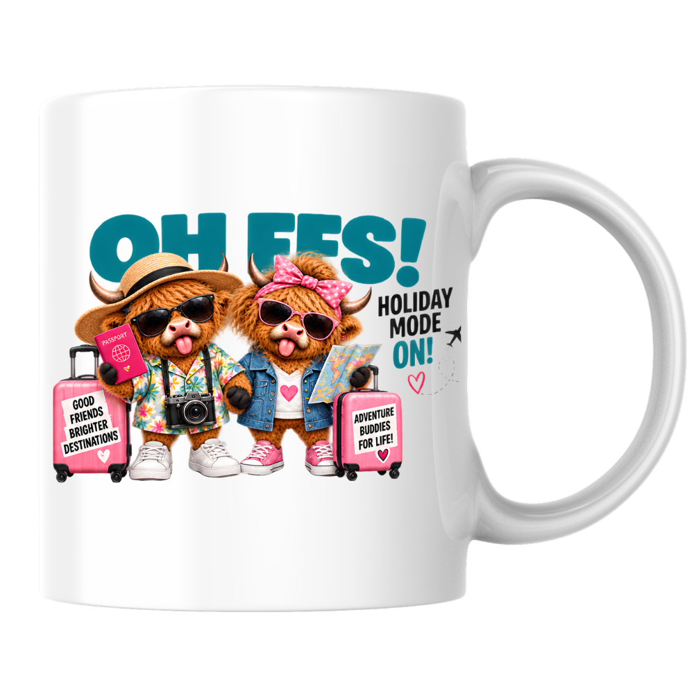 Holiday Highland Cows Mug "OH FFS! Holiday Mode On!" Oh Ffs! Holiday Mode On! 325ml Ceramic Coffee Mug – Cute Highland Cows Travel Buddies with Suitcases, Passport, Map & Camera | Funny Travel Gift | Fast Dispatch by UK Seller (M3370)