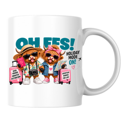 Holiday Highland Cows Mug "OH FFS! Holiday Mode On!" Oh Ffs! Holiday Mode On! 325ml Ceramic Coffee Mug – Cute Highland Cows Travel Buddies with Suitcases, Passport, Map & Camera | Funny Travel Gift | Fast Dispatch by UK Seller (M3370)