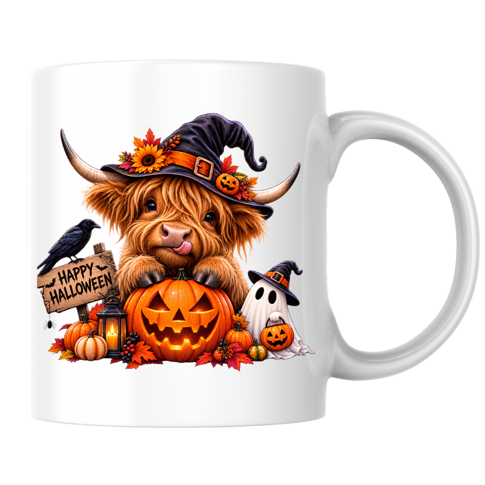 Halloween Mug "Happy Halloween" Cute Witchy Highland Cow 325ml Ceramic Coffee Mug Spooky Autumn Tea Cup with Pumpkin and Ghost Graphic Gift | Available in Multicolours | Fast Dispatch by UK Seller (M3155)