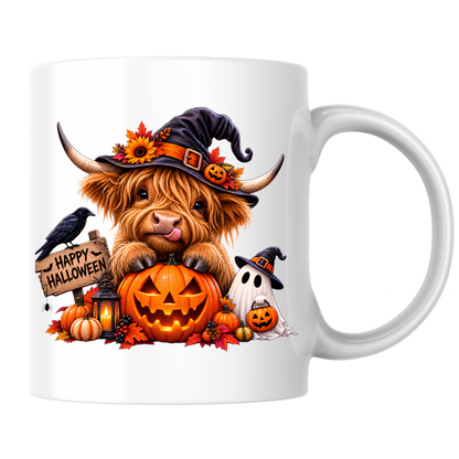 Halloween Mug "Happy Halloween" Cute Witchy Highland Cow 325ml Ceramic Coffee Mug Spooky Autumn Tea Cup with Pumpkin and Ghost Graphic Gift | Available in Multicolours | Fast Dispatch by UK Seller (M3155)