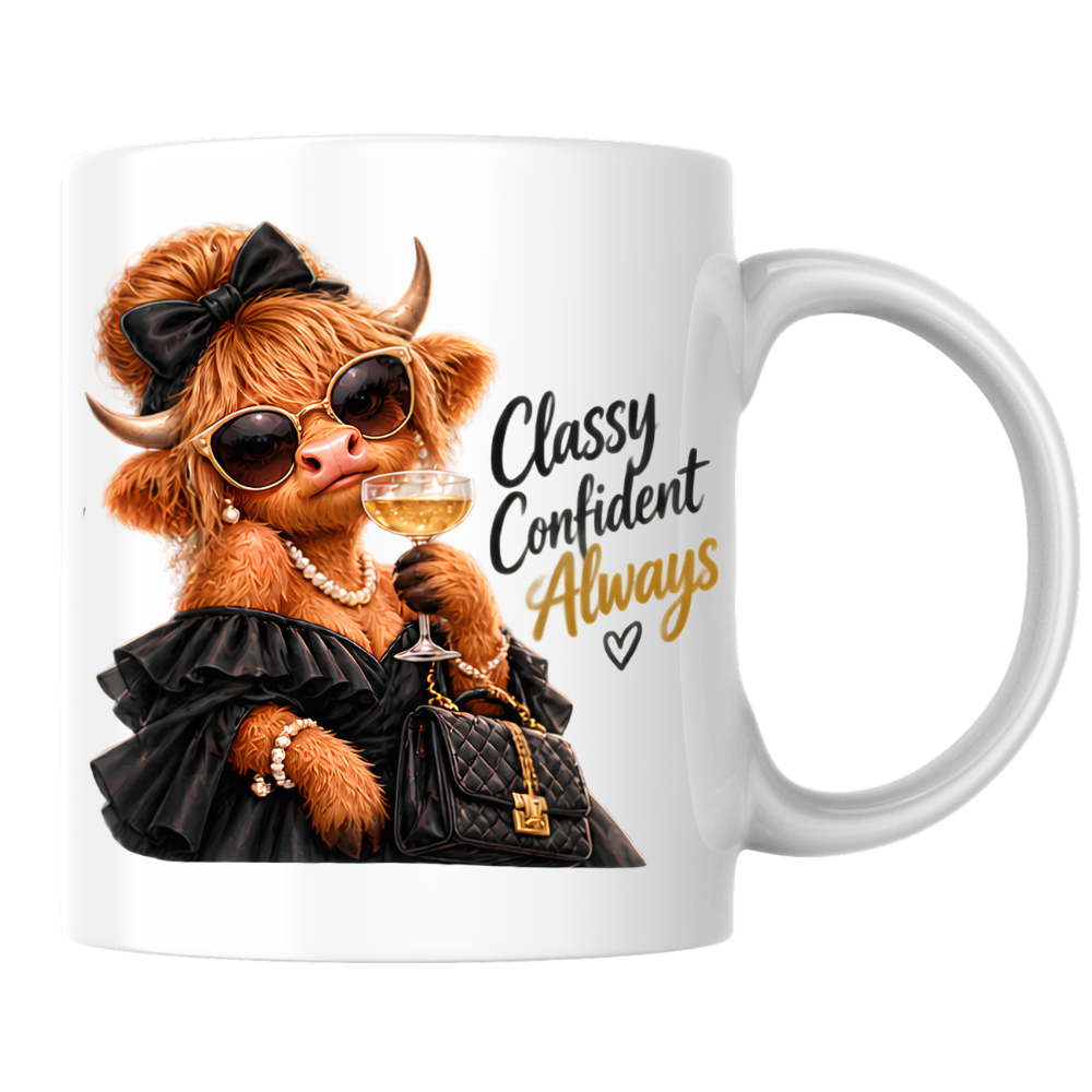 Highland Cow Mug "Classy Confident Always Highland Cow" 325ml Ceramic Coffee Mug – Glamorous Highland Cow in Black Evening Dress Pearls Sunglasses Bow Holding Champagne Glass Chic Gift | Available in Multicolours | Fast Dispatch by UK Seller (M3280)