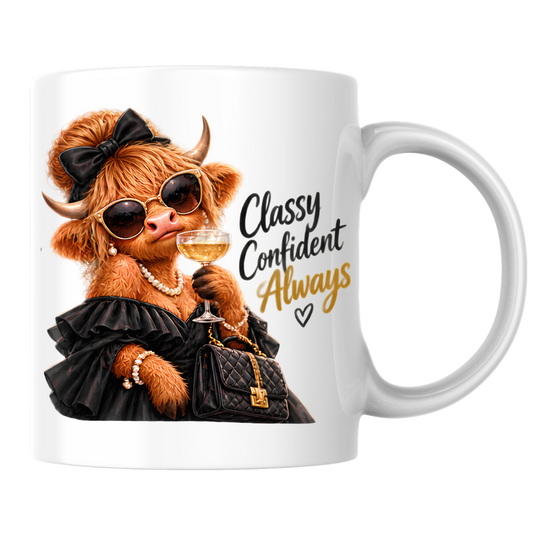 Highland Cow Mug "Classy Confident Always Highland Cow" 325ml Ceramic Coffee Mug – Glamorous Highland Cow in Black Evening Dress Pearls Sunglasses Bow Holding Champagne Glass Chic Gift | Available in Multicolours | Fast Dispatch by UK Seller (M3280)