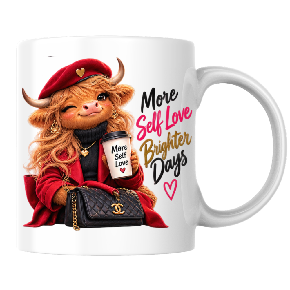 Self-Love Mug "More Self Love Brighter Days Highland Cow" More Self Love Brighter Days Highland Cow 325ml Ceramic Coffee Mug– Chic Red Beret Fashion Tea Cup Positive Typography Graphic Gift | Available in Multicolours | Fast Dispatch by UK Seller (M3197)