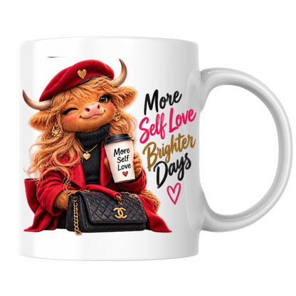 Self-Love Mug "More Self Love Brighter Days Highland Cow" More Self Love Brighter Days Highland Cow 325ml Ceramic Coffee Mug– Chic Red Beret Fashion Tea Cup Positive Typography Graphic Gift | Available in Multicolours | Fast Dispatch by UK Seller (M3197)