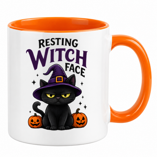Halloween Mug "Resting Witch Face Black Cat" Resting Witch Face Black Cat 325ml Ceramic Coffee Mug – Funny Halloween Autumn Tea Cup with Black Cat Witch Hat Jack O Lanterns Sparkles Graphic Gift | Fast Dispatch by UK Seller (M3206)