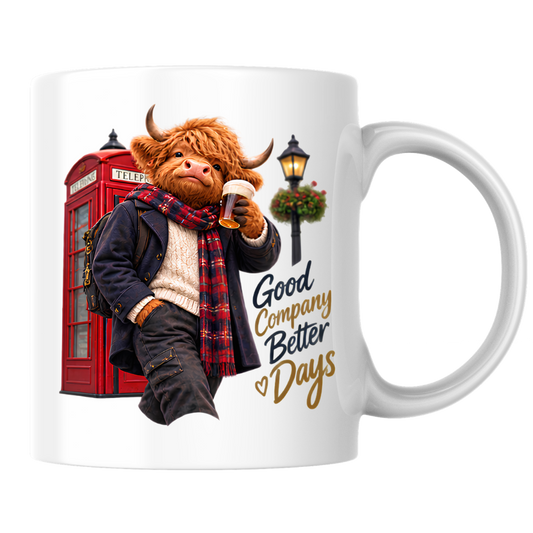 London Mug "Good Company Better Days British Highland Cow" Good Company Better Days 325ml Ceramic Coffee Mug – Cozy Highland Cow with Pint Of Beer By Red Phone Box Lamp Post British Gift | Available in Multicolours | Fast Dispatch by UK Seller (M3286)