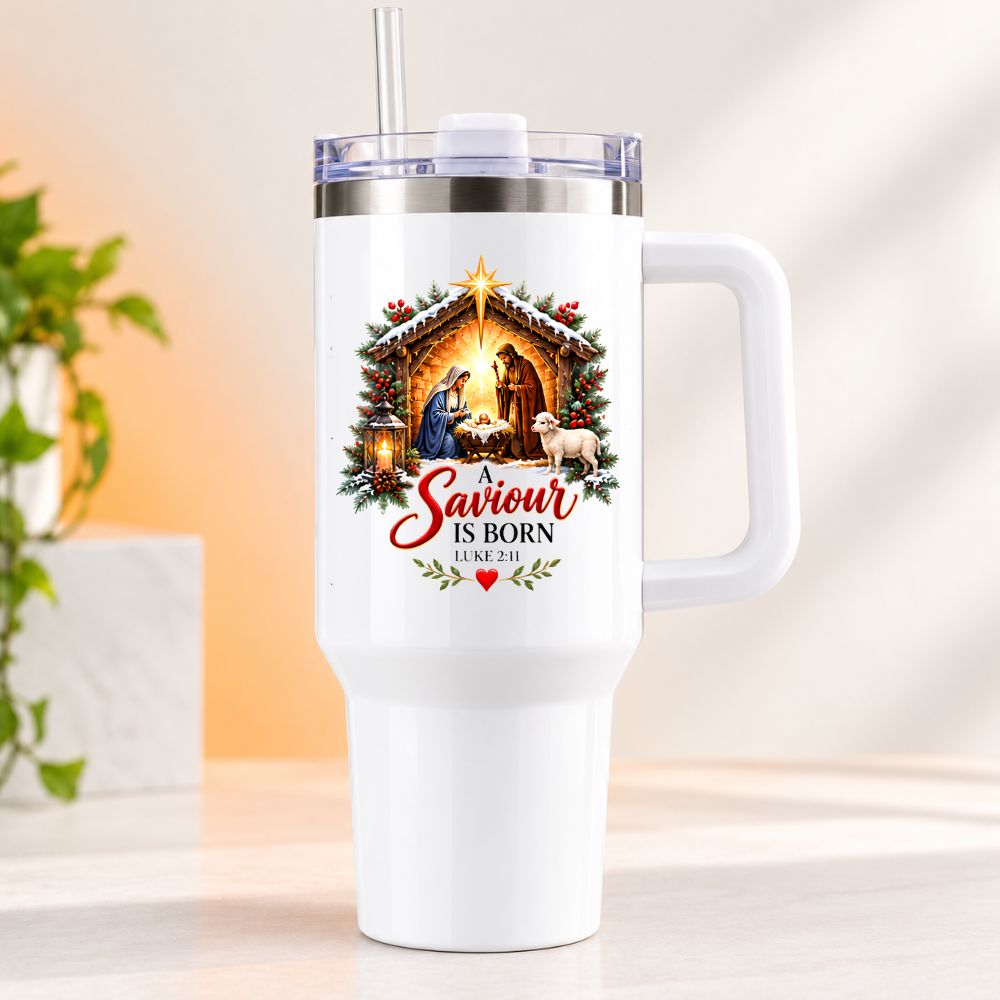 Inspirational Religious Christmas Travel Tumbler "A Saviour Is Born" Graphic 40oz Stainless Steel Insulated Travel Mug with Handle & Straw – Nativity Scene with Baby Jesus, Mary, Joseph & Sheep Novelty Travel Cup | Fast Dispatch by UK Seller (T3013)