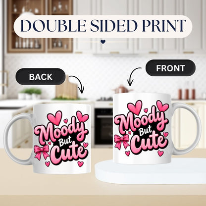 Sassy Mug "Moody But Cute" 325ml Ceramic Coffee Mug Cute Bold Typography Tea Cup with Pink Ribbon Bow & Hearts Graphic Gift | Available in Multicolours | Fast Dispatch by UK Seller (M1313)