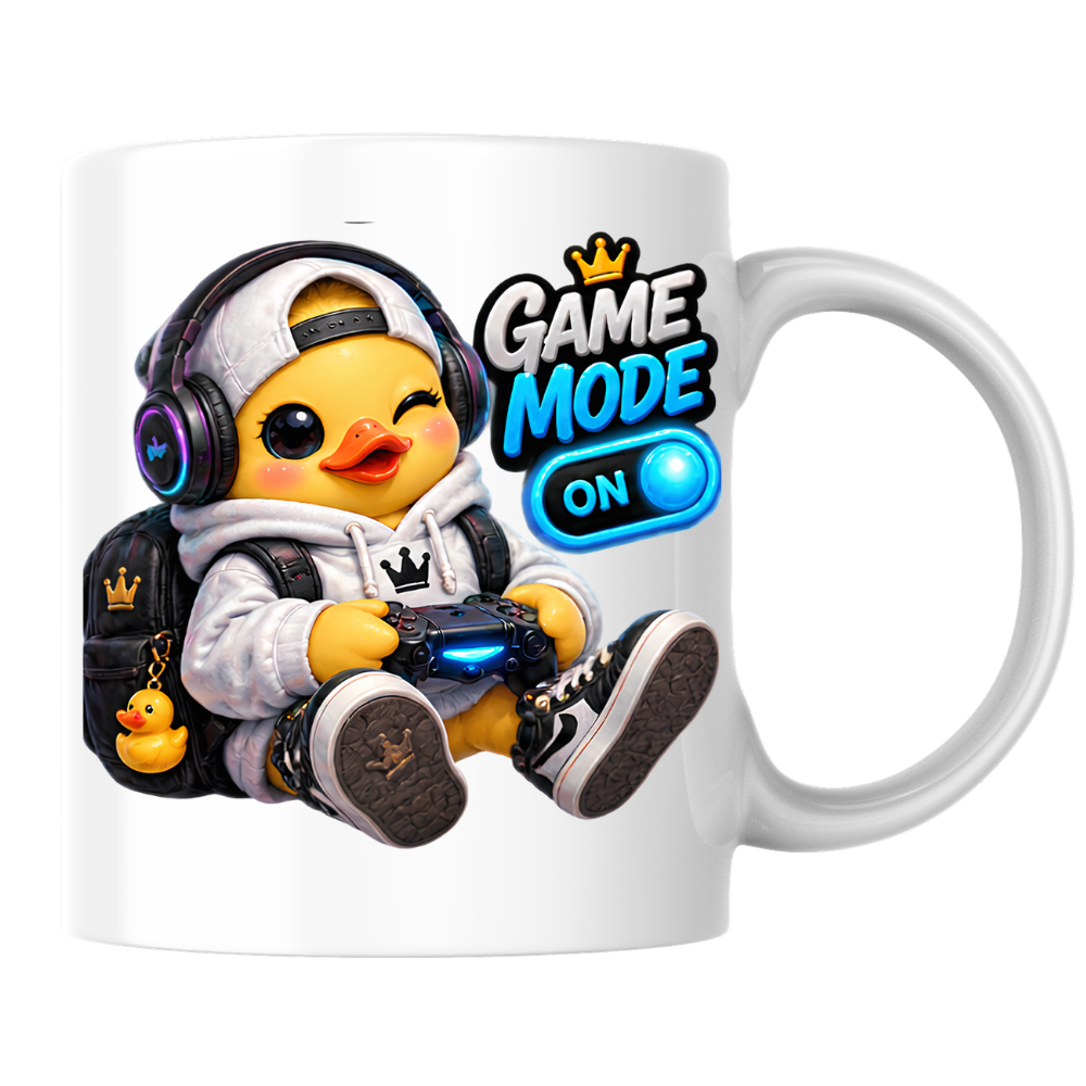Gamer Mug "Game Mode On Gamer Duck" Game Mode On 325ml Ceramic Coffee Mug – Cute Gamer Duck in White Hoodie, Cap, RGB Gaming Headset Holding Controller Fun Gift For Gamers Friends | Available in Multicolours | Fast Dispatch by UK Seller (M3255)