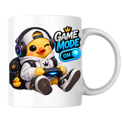 Gamer Mug "Game Mode On Gamer Duck" Game Mode On 325ml Ceramic Coffee Mug – Cute Gamer Duck in White Hoodie, Cap, RGB Gaming Headset Holding Controller Fun Gift For Gamers Friends | Available in Multicolours | Fast Dispatch by UK Seller (M3255)