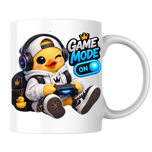 Gamer Mug "Game Mode On Gamer Duck" Game Mode On 325ml Ceramic Coffee Mug – Cute Gamer Duck in White Hoodie, Cap, RGB Gaming Headset Holding Controller Fun Gift For Gamers Friends | Available in Multicolours | Fast Dispatch by UK Seller (M3255)