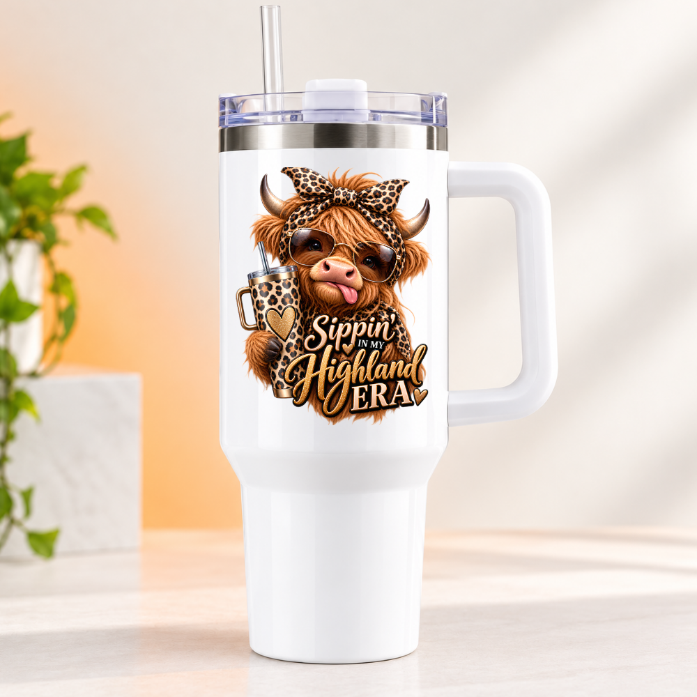 Sassy Highland Cow Travel Tumbler "Sippin' In My Highland Era" Graphic 40oz Stainless Steel Insulated Travel Mug with Handle & Straw – Cheeky Cow with Leopard Bow, Sunglasses & Mini Tumbler Novelty Travel Cup | Fast Dispatch by UK Seller (T3032)