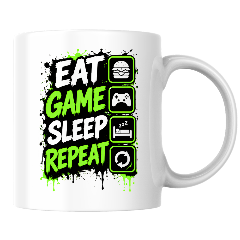 Gaming Mug "Eat Game Sleep Repeat" Eat Game Sleep Repeat 325ml Ceramic Coffee Mug – Gamer Routine Mug with Burger, Controller, Bed & Recycle Icons | Video Game Gift | Fast Dispatch by UK Seller (M3346)