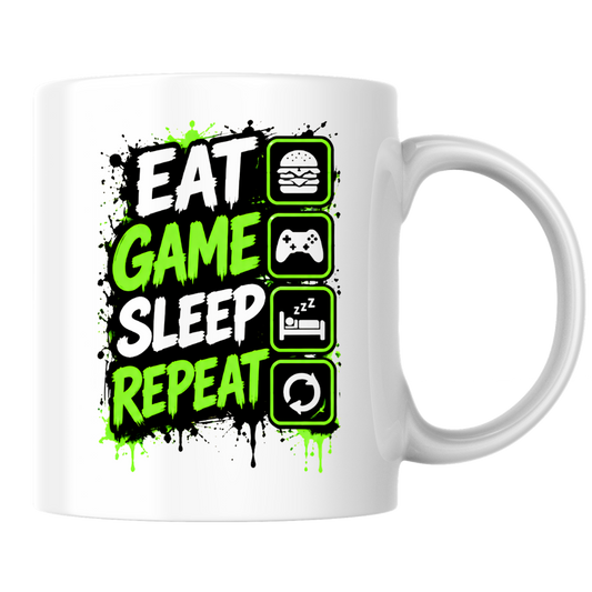 Gaming Mug "Eat Game Sleep Repeat" Eat Game Sleep Repeat 325ml Ceramic Coffee Mug – Gamer Routine Mug with Burger, Controller, Bed & Recycle Icons | Video Game Gift | Fast Dispatch by UK Seller (M3346)