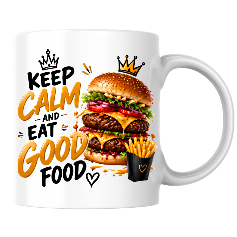 Burger Mug "Keep Calm And Eat Good Food" 325ml Ceramic Coffee Tea Cup – Double Cheeseburger, Fries & Slogan Novelty Gift for Foodies, Fast Food Lovers, Birthday – Fast Dispatch by UK Seller (M3506)