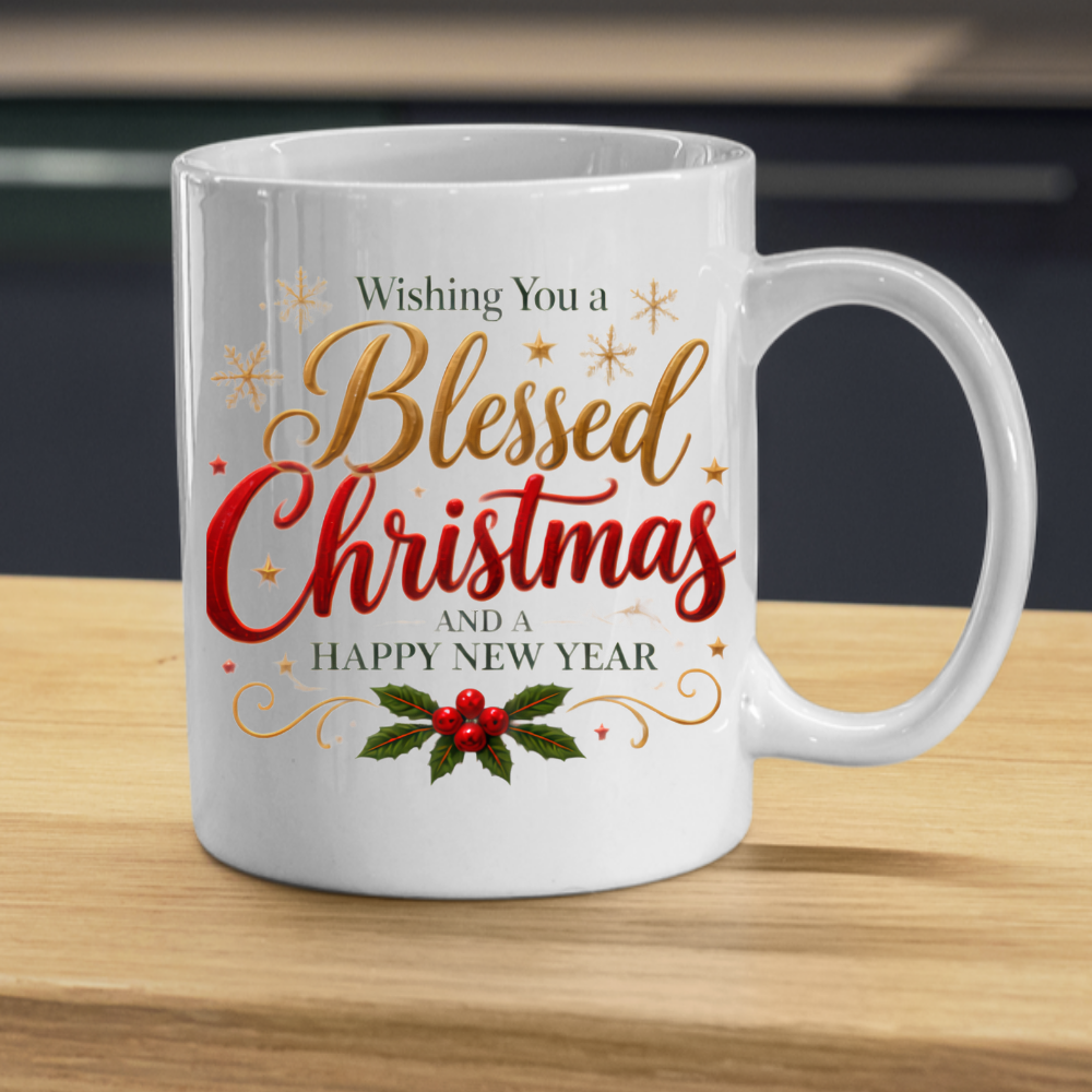Christmas Mug "Wishing You A Blessed Christmas And A Happy New Year" 325ml Ceramic Coffee Mug Festive Typography Mug With Gold Stars Holly Swirls Holiday Gift | Available in Multicolours | Fast Dispatch by UK Seller (M3314)