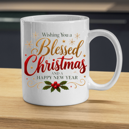 Christmas Mug "Wishing You A Blessed Christmas And A Happy New Year" 325ml Ceramic Coffee Mug Festive Typography Mug With Gold Stars Holly Swirls Holiday Gift | Available in Multicolours | Fast Dispatch by UK Seller (M3314)