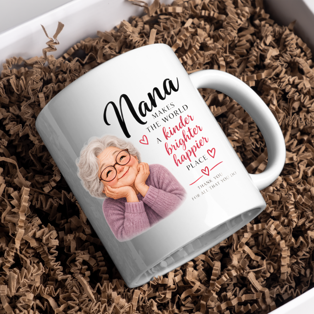 Family Mug "Nana MAKES THE WORLD A kinder brighter happier PLACE" Sweet Grandma 325ml Ceramic Coffee Mug Heartwarming Nana Tea Cup with Resting Head Grandma Graphic Gift | Available in Multicolours | Fast Dispatch by UK Seller (M3014)