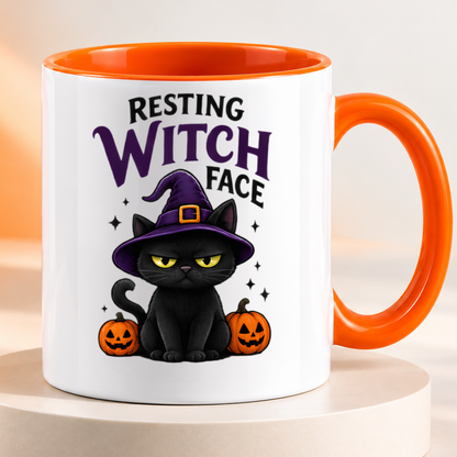 Halloween Mug "Resting Witch Face Black Cat" Resting Witch Face Black Cat 325ml Ceramic Coffee Mug – Funny Halloween Autumn Tea Cup with Black Cat Witch Hat Jack O Lanterns Sparkles Graphic Gift | Fast Dispatch by UK Seller (M3206)