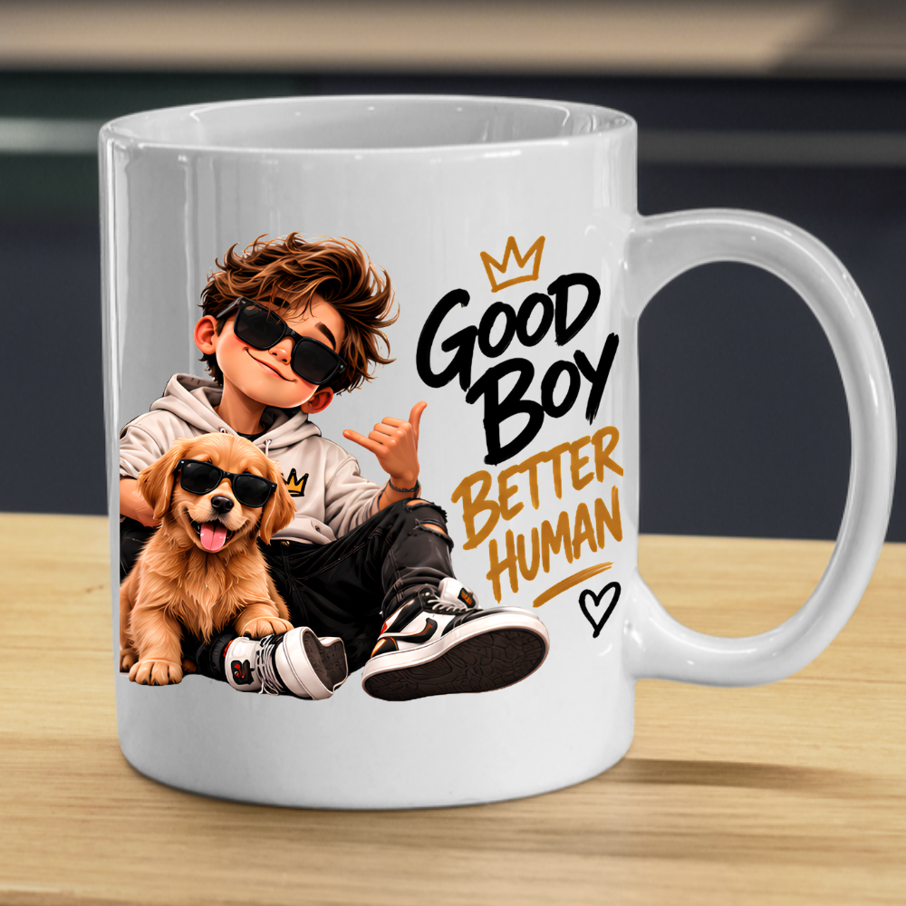 Dog Mug "Good Boy Better Human" 325ml Ceramic Coffee Tea Cup – Golden Retriever Puppy Graphic, Sunglasses & Slogan Novelty Gift for Dog Lovers, Teens, Birthday – Fast Dispatch by UK Seller (M3500)