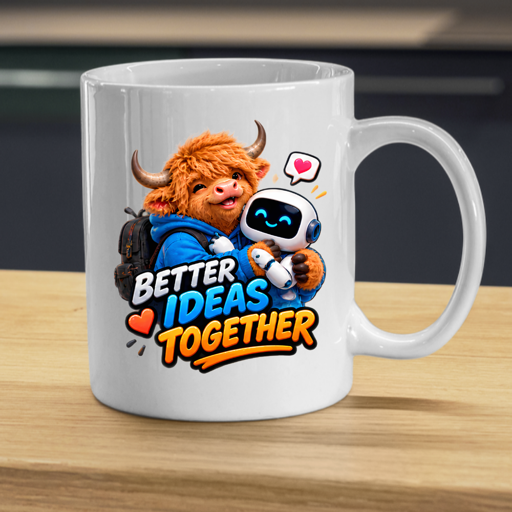 Tech Mug "Better Ideas Together Highland Cow" 325ml Ceramic Coffee Mug – Cute Highland Cow Hugging AI Robot Companion Modern Tech Gift For Coworkers Developers AI Enthusiasts | Available in Multicolours | Fast Dispatch by UK Seller (M3231)